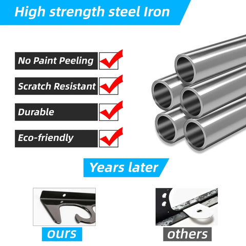 High strength steel iron tubes showing durability and comparison of Beefy Heavy Duty Metal Fishing Rod Holder For Garage Wall Mount Rack That Keeps Multiple Rods Secure With Steel Core And TPU Coating Sturdy Fishing Pole Holder For Multiple Poles Or Combos Great Gift For Men.