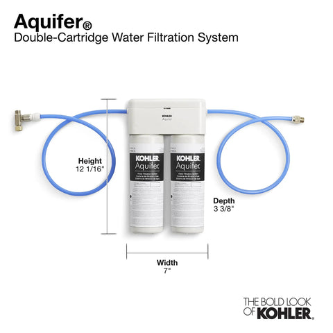 Aquifer Double Cartridge Water Filtration System for Kitchen Bath and Beverage Faucets with dimensions shown