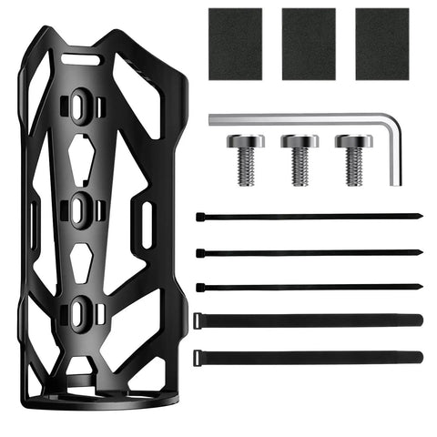 Front Fork Mounted Water Bottle Cage And Cargo Rack For Bikes with fixing strap and mounting bolts, shown with accessories.