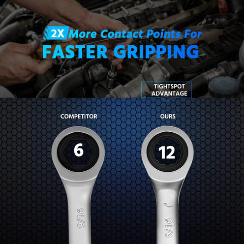 Comparison showing competitor wrench with 6 points vs. Ratcheting Wrenches Set Twenty Two Piece With SAE And Metric wrenches with 12 points.