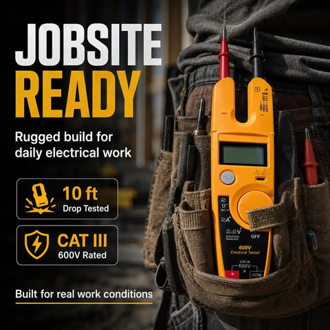 600V Voltage And Current Tester For Electrical Troubleshooting A Fast Reading Tool That Checks AC Voltage Current And Continuity In A Compact Handheld Meter with probes on a tool belt
