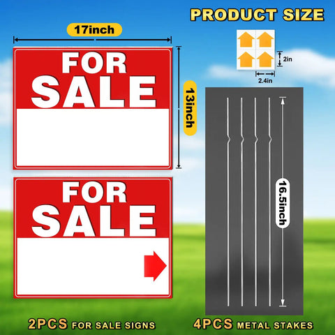 For Sale Yard Sign 17X13 Inch Double Sided Corrugated Plastic With Metal Stakes Waterproof Real Estate By Owner Car Garage Business 2 Pack Durable Outdoor Signage For Real Estate Listings Open House Car Garage Advertising with product size details and arrow sticker.