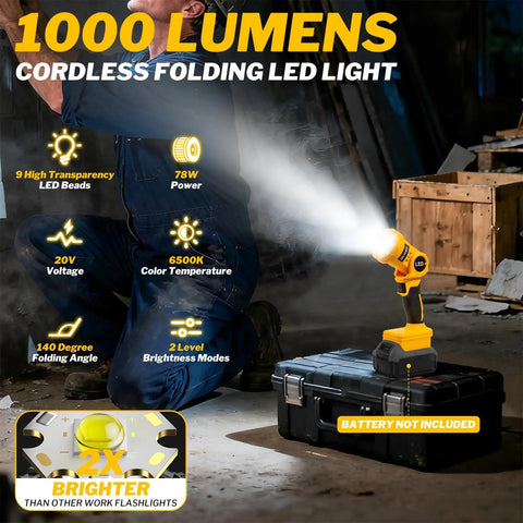 Cordless LED Work Light With Beefy 1000 Lumen Beam, Compatible With 20V MAX Batteries, shown in workshop with tool box.
