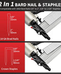 Built Different 2 In 1 Pneumatic Brad Nailer And Narrow Crown Staple Gun Kit showing specifications for 18GA nails and staplers.