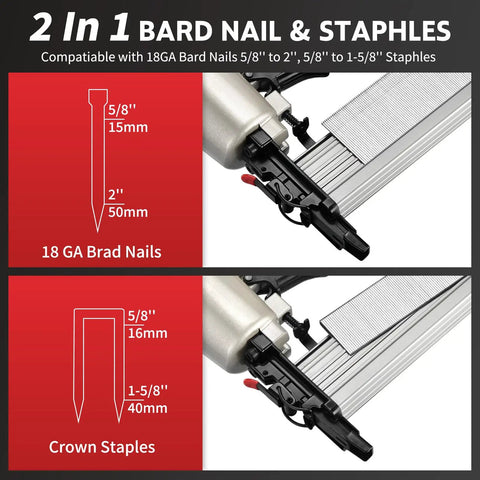 Built Different 2 In 1 Pneumatic Brad Nailer And Narrow Crown Staple Gun Kit showing specifications for 18GA nails and staplers.