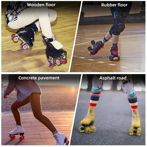 8 Pack 65 X 36 mm Quad Roller Skate Wheels 78A With ABEC 9 Bearings Installed on various surfaces: wood, rubber, concrete, asphalt.