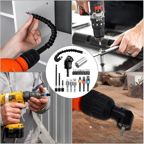 22 Piece Flexible Drill Bit Extension Set With 105 Degree Right Angle Attachment Bendable Socket Adapter And Screwdriver Bits in use