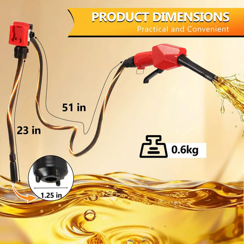 Cordless Fuel Transfer Pump 5 GPM With Auto Stop And Hand Nozzle, hose length dimensions and weight shown