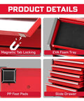 Close-up of features of the Beefed Up Heavy Duty 5 Drawer Rolling Tool Box In Red With Lockable Drawers Micro Roll Cab And Top Chest Stackable Steel Tool Cabinet For Garage Workshop And Truck Large Capacity Organizer For Tools And Parts, showing magnetic tab locking, EVA foam tray, PP feet pads, and slide drawer.