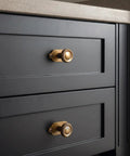 Close-up of Top Notch Heavy Duty Solid Zinc Cabinet Knobs With Vintage Oval Beaded Back Plates Antique Brass Finish.