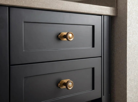 Close-up of Top Notch Heavy Duty Solid Zinc Cabinet Knobs With Vintage Oval Beaded Back Plates Antique Brass Finish.