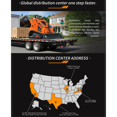 Righteous 23 Horsepower Mini Skid Steer Loader With Rock Solid Lifting Power on trailer by distribution center.