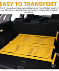 Heavy Duty Expandable Metal Barricade With Smooth Rolling Casters And One Eighty Degree Swivel Action for transport in car trunk.