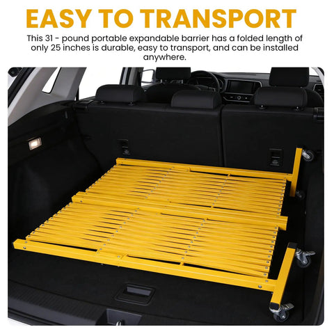 Heavy Duty Expandable Metal Barricade With Smooth Rolling Casters And One Eighty Degree Swivel Action for transport in car trunk.