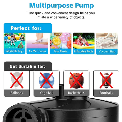 Portable Handy Quick Fill Air Pump For Inflatables With Three Nozzles shown with suitable items and restrictions