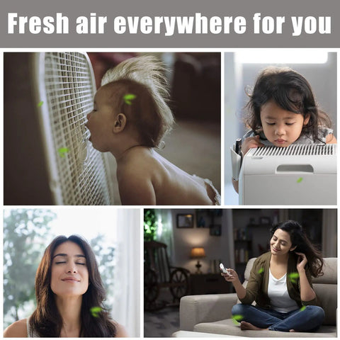 Collage depicting fresh air benefits with fan and air purifier in use, associated with Carbon Fabric Filter Replacement 16 By 48 By 0.12 Inches Activated Charcoal HEPA AC Vent Filter Cut To Fit Heavy Duty Pre Filter For Your Home Purifiers And Air Cleaners.