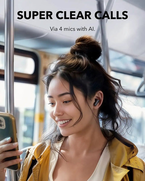 Woman using Noise Cancelling Earbuds With 45 Hours Playtime, Strong Bass, IP54 Dust And Water Resistance, Bluetooth 5.4 Wireless Earbuds.
