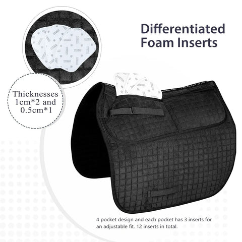 Diamond Quilted Dressage Saddle Pad With Four Pockets And Foam Inserts, Customizable Cushioning With 1cm And 0.5cm Shims
