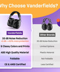 Comparison chart of Vanderfields earmuffs vs other brands highlighting noise reduction and quality features.