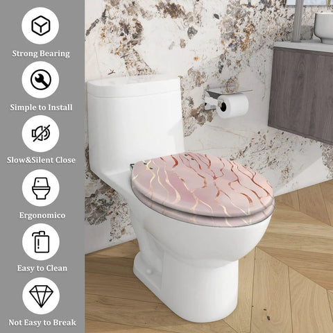 Elongated Rose Gold Marble Resin Toilet Seat for Bathroom on a white toilet in modern bathroom setting.