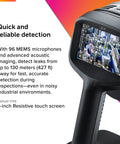 Close view of Si1-LD No WiFi Industrial Acoustic Imaging Camera for detecting compressed air leaks, showing display screen and detection interface.