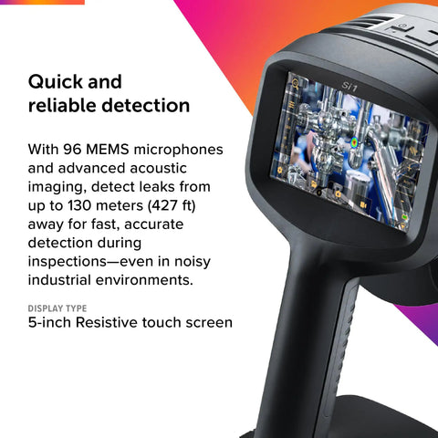 Close view of Si1-LD No WiFi Industrial Acoustic Imaging Camera for detecting compressed air leaks, showing display screen and detection interface.