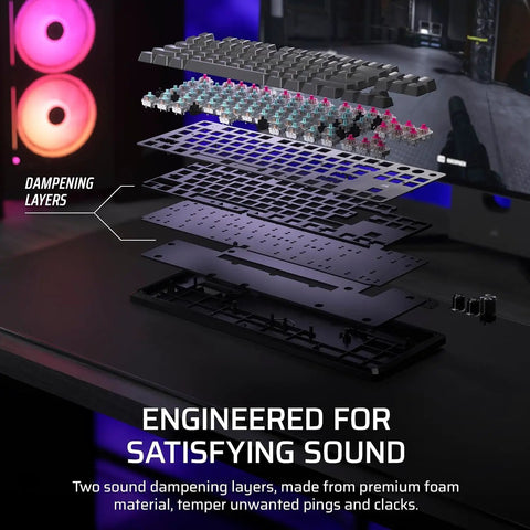 Heavy Hitter Tenkeyless Mechanical Gaming Keyboard Featuring Factory Lubed Hall Effect Switches And Instant Rapid Trigger For Butter Smooth Gameplay, showing dampening layers for optimal sound.