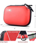 I GO red 85-piece hard-shell first aid kit, angled front view with black zipper and carabiner (6x4.3x2.4 in)