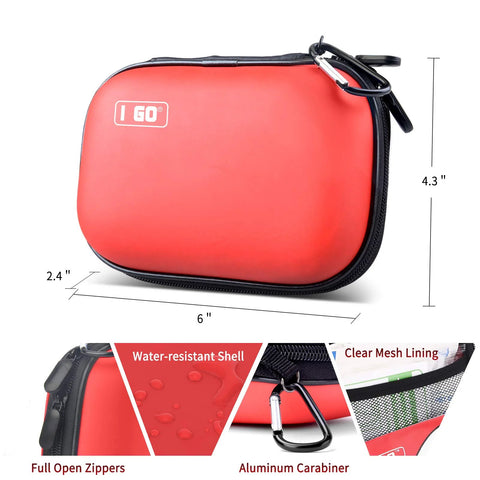 I GO red 85-piece hard-shell first aid kit, angled front view with black zipper and carabiner (6x4.3x2.4 in)