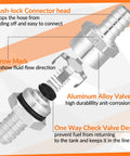 Exploded view of inline fuel check valves set highlighting aluminum alloy construction and one-way design for fuel flow direction control.