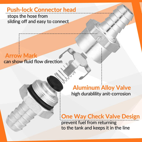 Exploded view of inline fuel check valves set highlighting aluminum alloy construction and one-way design for fuel flow direction control.