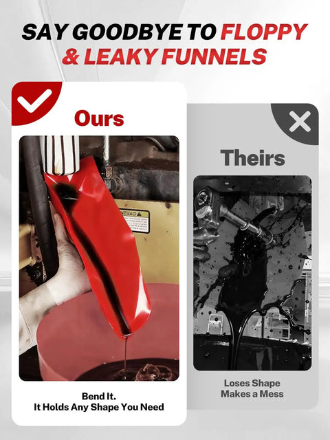 Image comparing Spill Free Oil Change Kit using flexible red funnel with messy traditional funnel, highlighting no leaks.