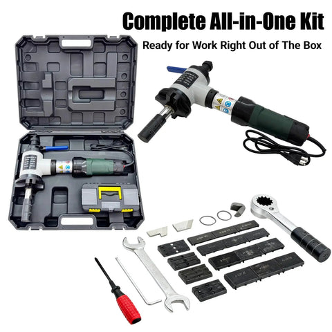 Heavy Duty Electric Pipe Beveling Machine Handheld Internal Expanding Tube Prep Tool With Knockout Power For 40 To 120 Mm ID in a complete kit with accessories.
