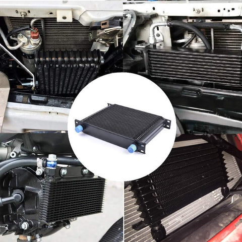 30 Row AN10 To AN10 Stacked Plate Oil Cooler With 6AN And 8AN Adapters installed in performance car engine