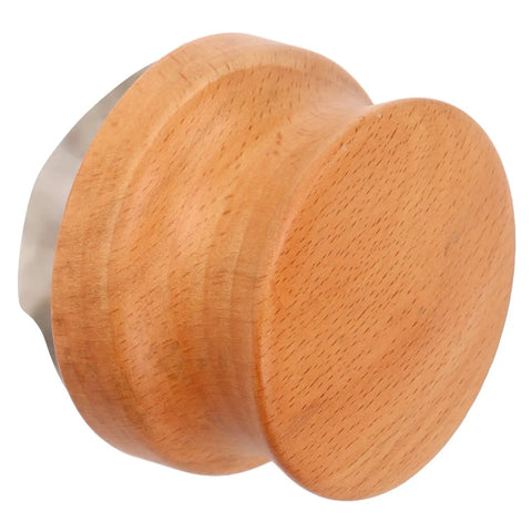 53mm Stainless Steel Coffee Distributor And Espresso Tamper Featuring Quick Depth Adjustment And Comfort Contoured Beech Handle side view of polished wood handle