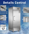 Rock Solid 27 Inch Commercial Reach In Freezer Delivers 23 Cubic Feet Of Smooth Stainless Steel Cooling With Smart Fan Chiller Plus No Sweat Digital Temp Control And Heavy Duty Roll Casters For Restaurant Setup with LED display and removable shelves.