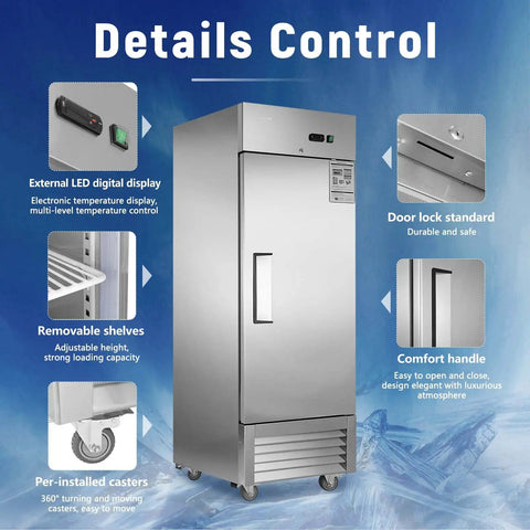 Rock Solid 27 Inch Commercial Reach In Freezer Delivers 23 Cubic Feet Of Smooth Stainless Steel Cooling With Smart Fan Chiller Plus No Sweat Digital Temp Control And Heavy Duty Roll Casters For Restaurant Setup with LED display and removable shelves.