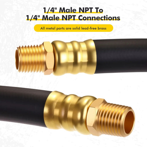 Solid Brass Short Air Compressor Hose Two Pack 18 Inch With One Quarter Inch Male NPT Threads featuring lead-free brass connections.