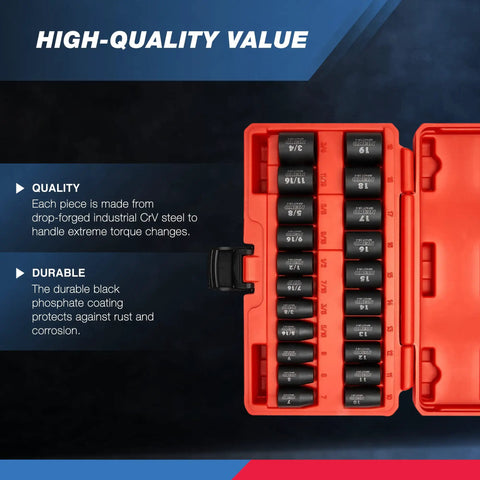 Open orange case displaying Three Eighth Inch Drive Impact Socket Set With 21 Shallow Sockets SAE Five Sixteenths To Three Quarters Inch.