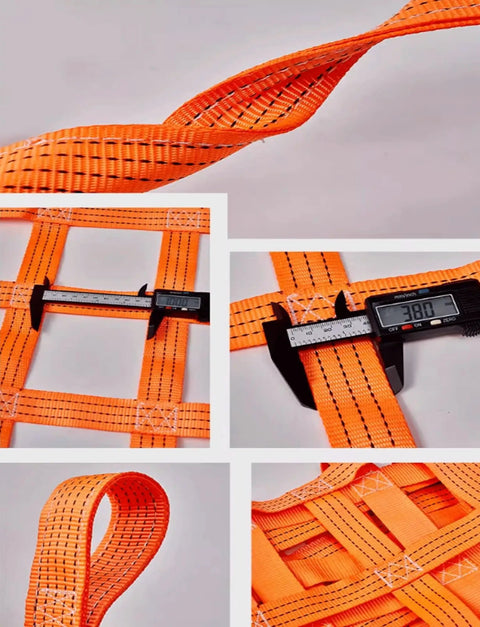Heavy Duty Cargo Hoisting Net With Three Ton Lift Capacity And Flat Polyester Straps laid flat with measurement gauge.