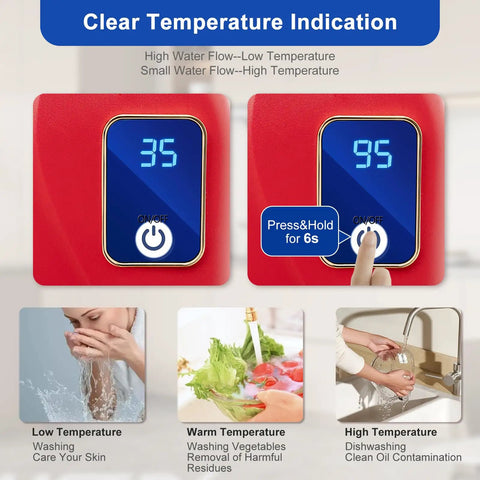 Top Shelf Tankless Electric Water Heater With Digital Display For Instant Hot Water On Tap In Kitchens And Bathrooms 110V 3000W Stainless Steel Body With Built In Safety Guards And Corrosion Proof Finish A Smooth Operator showing clear temperature indications and controls.