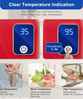 On Demand 110V Tankless Water Heater Electric Wall Mount showing digital temperature display and usage instructions for kitchen and bathroom.