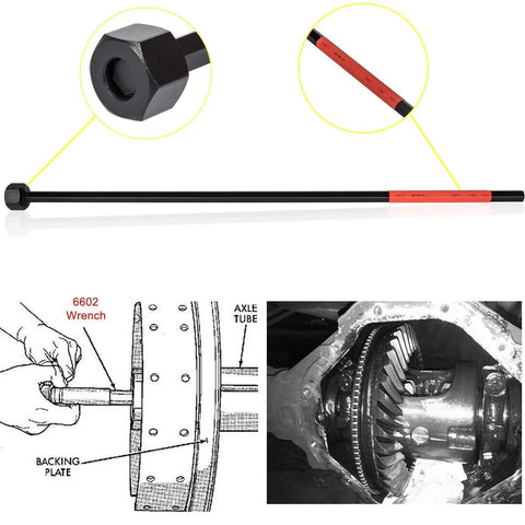 Heavy Duty Differential Preload Wrench For Chrysler Dodge Rear Axles in use, fitting through axle tube width adjustment.