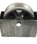 Heavy duty v groove gate wheel with weldable box for sliding gates, featuring a 6-inch cast iron wheel and steel box for durability.