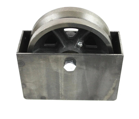 Heavy duty v groove gate wheel with weldable box for sliding gates, featuring a 6-inch cast iron wheel and steel box for durability.