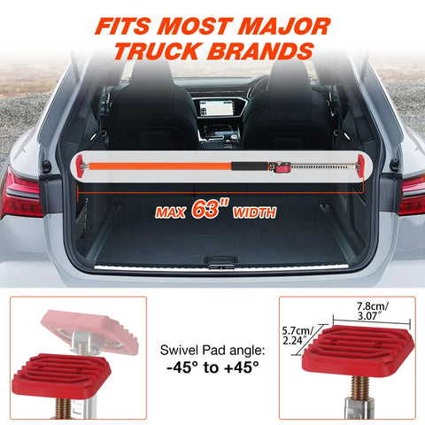 Third Hand Adjustable Support System Cargo Bar for Truck Bed and Drywall Extends 35 to 63 Inches Beefy Heavy-Duty 264 lb Capacity 2-Pack. Image of cargo bar installed in car trunk showing swivel pad details.