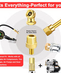 Brass 1/4 NPT To Schrader Valve Adapter Set Of 2 For Portable Air Compressors And Pumps with gauge and connections, no valve stem