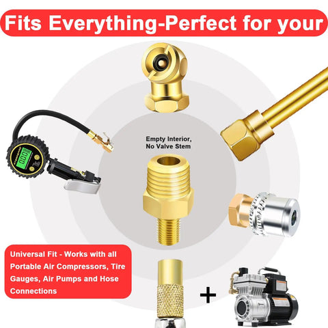 Brass 1/4 NPT To Schrader Valve Adapter Set Of 2 For Portable Air Compressors And Pumps with gauge and connections, no valve stem