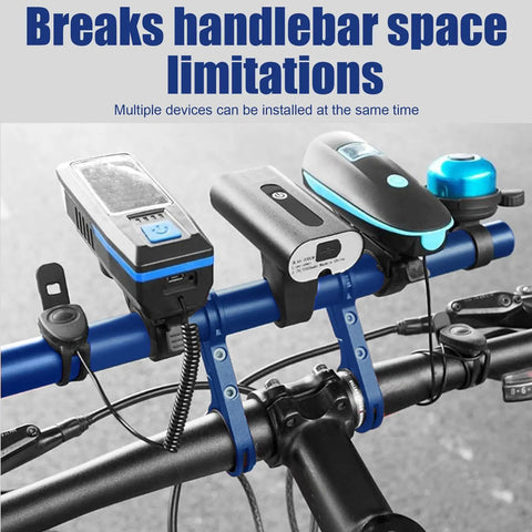 20cm Bike Handlebar Extension Frame with Double Clamp Bracket holding devices, showing Pro Grade Lightweight Aluminum Alloy Extender