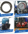 Rock Solid 150 Ton Hydraulic Sleeve Press And Chain Repair Machine components including long oil pipes and 1500W motor.